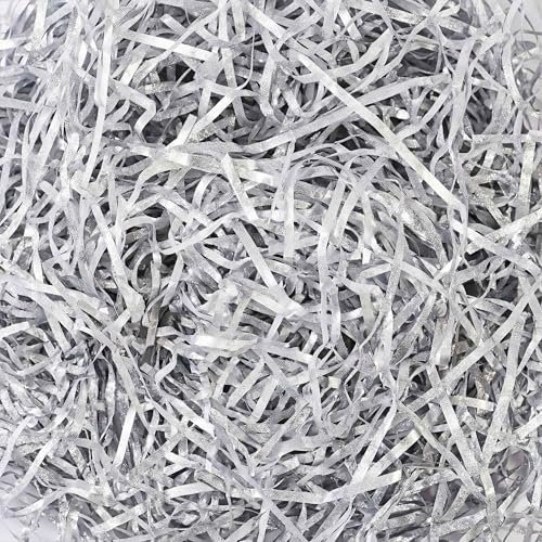 LJY Glitter Raffia Paper Shreds, 100g Crinkle Cut Filler for Gift Wrapping, Basket Filling, Wedding Decorations, Party Supplies, and DIY Crafts Shredded Confetti Strands (Glitter Silver)
