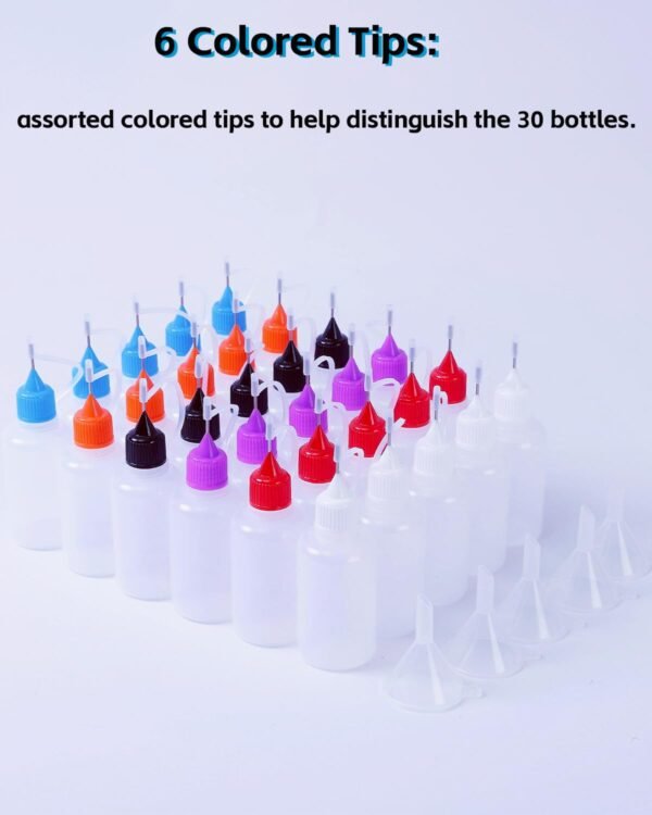LJY Precision Applicator Bottle Set 1 Oz. - 30 Needle Tip Squeeze Bottles and 5pcs Mini Funnels for Acrylic Painting, DIY Quilling and Paper Craft