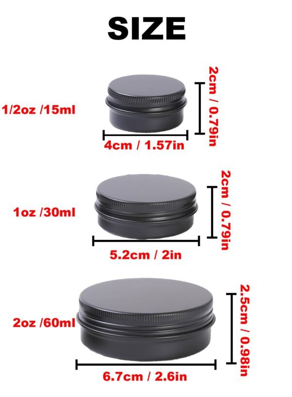 LJY Aluminum Tin Jar Refillable Containers Round Tin Container Bottle for DIY Projects,Gifts,Cosmetic,Cream,Diamond Balm Candle Salve Lip Balm Tins(Black, 48 Pcs 2oz/1oz/0.5oz)