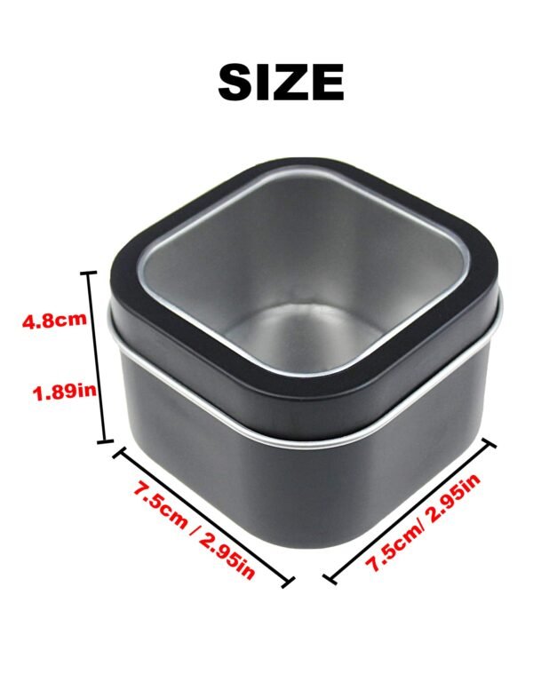 LJY Empty 8-Ounce Capacity Square Black Metal Tins with Clear Window for Candle Making,Gifts & Treasures (6 Pack) (Black, 2.95"x2.95"x1.89")