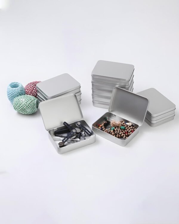 LJY 12-Pack Rectangular Metal Empty Tins, Mini Storage Organizer Boxes with Secure Hinged Lids, Suitable for Crafts, Jewelry, Beads, Office Supplies DIY, Blank Containers 4.5x3.3x0.9 Inch (Silver)