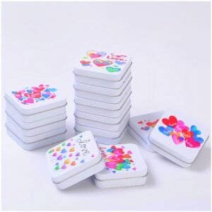 LJY 12 Pack Love Heart Image Pattern Empty Square Metal Storage Organizer Tins Mini Gift Boxes with Hinged Lids, 2.76 x 2.76 x 0.79 inch