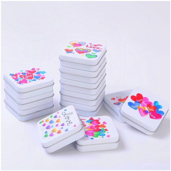 LJY 12 Pack Love Heart Image Pattern Empty Square Metal Storage Organizer Tins Mini Gift Boxes with Hinged Lids, 2.76 x 2.76 x 0.79 inch