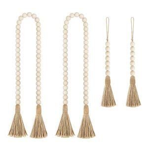 LJY Wood Bead Garland with Jute Tassels, 59” for Home Curtain Wall Hanging Rustic Country, Natural Cute Farmhouse Bead Boho Garland Christmas Wreath(4, 2 Long and 2 Short) (4, 2 Sizes)
