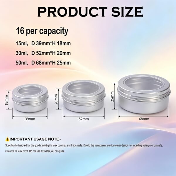 LJY Aluminum Tin Jar Refillable Containers Round Tin Container Bottle for DIY Projects,Gifts,Cosmetic,Cream,Diamond,Balms,Lip Balm (Silver Clear Lids, 48 Pcs 2oz/1oz/0.5oz)