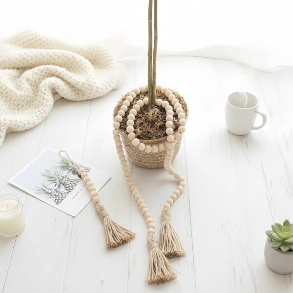 LJY Wood Bead Garland with Jute Tassels, 59” for Home Curtain Wall Hanging Rustic Country, Natural Cute Farmhouse Bead Boho Garland Christmas Wreath(4, 2 Long and 2 Short) (4, 2 Sizes)