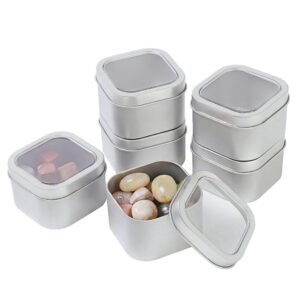 LJY Empty 8-Ounce Capacity Square Silver Metal Tins with Clear Window for Candle Making, Candies, Gifts & Treasures (6 Pack) (Silver, 2.95"x2.95"x1.89")