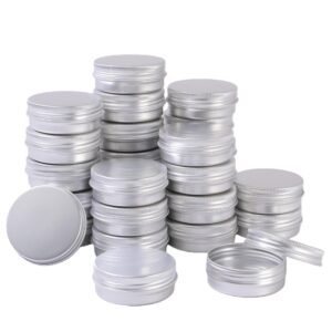 LJY 28Pcs Aluminum Tin Jar Refillable Containers Round Tin Container Bottle for DIY Projects,Gifts, and Storage Cosmetic,Cream,Diamond Painting, Salves,Balms,Lip Balm,Spices or Others,Silver (1 oz)