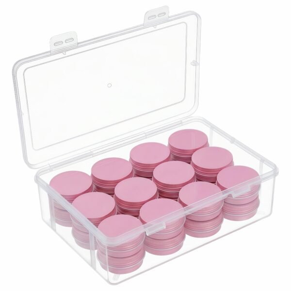 LJY 24-Pack 0.5oz Aluminum Tins with Screw Lids in Clear Storage Case, 15ml Round Empty Metal Containers for Lip Balm,Salves,Spices,Crafts, Small Cosmetic Sample Jars,Mini Candle Tins (Pink)