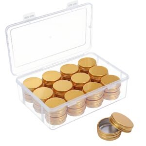 LJY 24-Pack 0.5oz Aluminum Tins with Screw Lids in Clear Storage Case, 15ml Round Empty Metal Containers for Lip Balm,Salves,Spices,Crafts, Small Cosmetic Sample Jars,Mini Candle Tins (Gold)