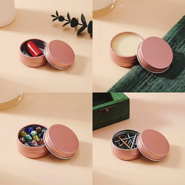 LJY 24-Pack 0.5oz Aluminum Tins with Screw Lids in Clear Storage Case, 15ml Round Empty Metal Containers for Lip Balm,Salves,Spices,Crafts, Small Cosmetic Sample Jars,Mini Candle Tins (Rose Gold)