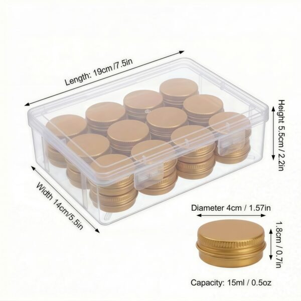 LJY 24-Pack 0.5oz Aluminum Tins with Screw Lids in Clear Storage Case, 15ml Round Empty Metal Containers for Lip Balm,Salves,Spices,Crafts, Small Cosmetic Sample Jars,Mini Candle Tins (Gold)