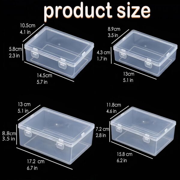 LJY 8-Piece Large Storage Container Set, Clear Plastic Organizer Boxes with Hinged Lids, 4 Assorted Sizes for Crafts, Hardware, Nail Art Accessories, and Beads, Stackable Nesting Bins