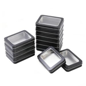 LJY 12 Pack Empty Rectangular Metal Storage Organizer Tins with Clear Window Hinged Lids for Small Items and Other Craft Projects, 4.5 x 3.3 x 0.9 inch (Black)