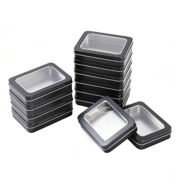 LJY 12 Pack Empty Rectangular Metal Storage Organizer Tins with Clear Window Hinged Lids for Small Items and Other Craft Projects, 4.5 x 3.3 x 0.9 inch (Black)