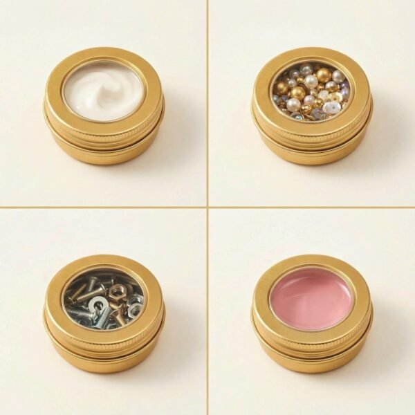 LJY 24-Pack 0.5oz Aluminum Tins with Screw Lids in Clear Storage Case, 15ml Round Empty Metal Containers for Lip Balm,Salves,Spices,Crafts, Small Cosmetic Sample Jars,Mini Candle Tins (Gold Clear Lid)