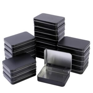 LJY 22 Pack Empty Rectangular Metal Storage Organizer Tins with Hinged Lids for Small Items and Other Craft Projects, 4.5 x 3.3 x 0.9 inch (Black)