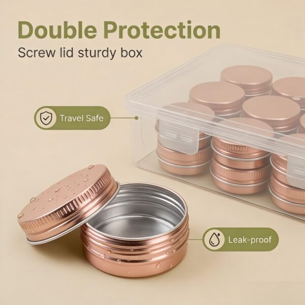 LJY 24-Pack 0.5oz Aluminum Tins with Screw Lids in Clear Storage Case, 15ml Round Empty Metal Containers for Lip Balm,Salves,Spices,Crafts, Small Cosmetic Sample Jars,Mini Candle Tins (Rose Gold)