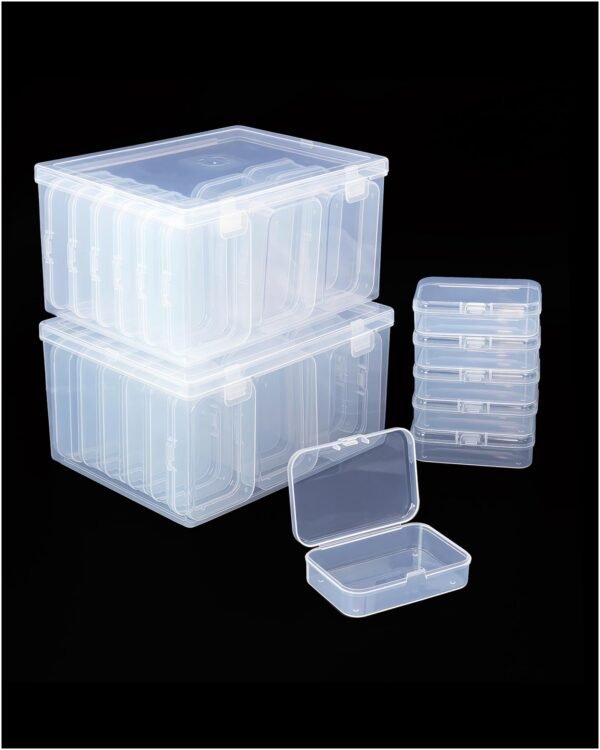 LJY 38-Piece Clear Plastic Storage Organizer Set - 2 Large Deep Bins & 36 Small Rectangular Boxes for Beads, Diamond Art Accessories, Hardware Screws & Jewelry Findings