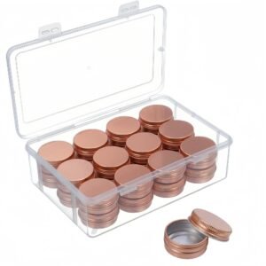 LJY 24-Pack 0.5oz Aluminum Tins with Screw Lids in Clear Storage Case, 15ml Round Empty Metal Containers for Lip Balm,Salves,Spices,Crafts, Small Cosmetic Sample Jars,Mini Candle Tins (Rose Gold)