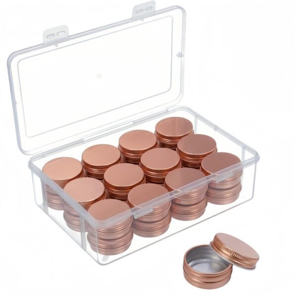 LJY 24-Pack 0.5oz Aluminum Tins with Screw Lids in Clear Storage Case, 15ml Round Empty Metal Containers for Lip Balm,Salves,Spices,Crafts, Small Cosmetic Sample Jars,Mini Candle Tins (Rose Gold)