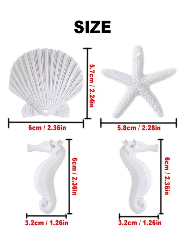 LJY 30 Pieces White Resin Pencil Finger Starfish Seahorse & Seashells Set with Drilled Holes for Wedding Home Decor and Craft Project