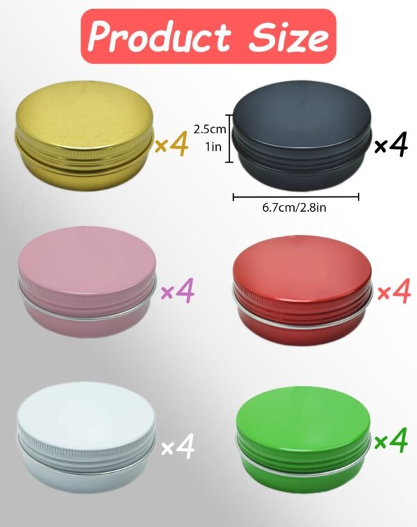 LJY 24 Pieces Multi-Colored Round Aluminum Cans Screw Lid Metal Tins Jars Empty Slip Slide Containers(2 oz) for Lotion Bars,Toiletries,Creams,Samples,Makeup Cosmetic,Balms,Beard Balm