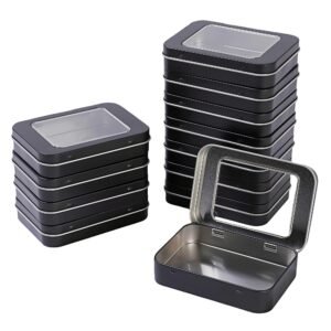 LJY 12 Pack Empty Rectangular Metal Storage Organizer Tins with Clear Window Hinged Lids for Gifts & Treasures (Black)