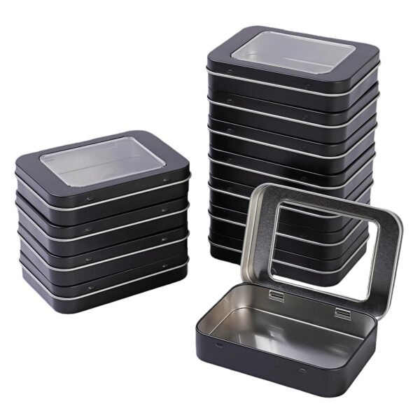 LJY 12 Pack Empty Rectangular Metal Storage Organizer Tins with Clear Window Hinged Lids for Gifts & Treasures (Black)