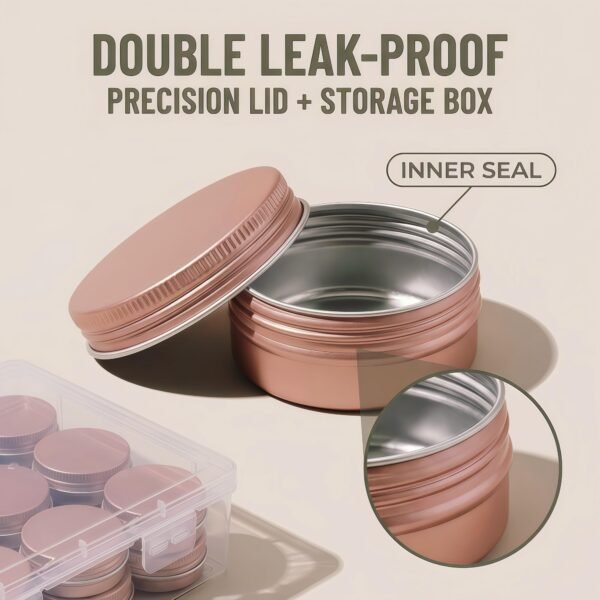LJY 24-Pack 0.5oz Aluminum Tins with Screw Lids in Clear Storage Case, 15ml Round Empty Metal Containers for Lip Balm,Salves,Spices,Crafts, Small Cosmetic Sample Jars,Mini Candle Tins (Rose Gold)