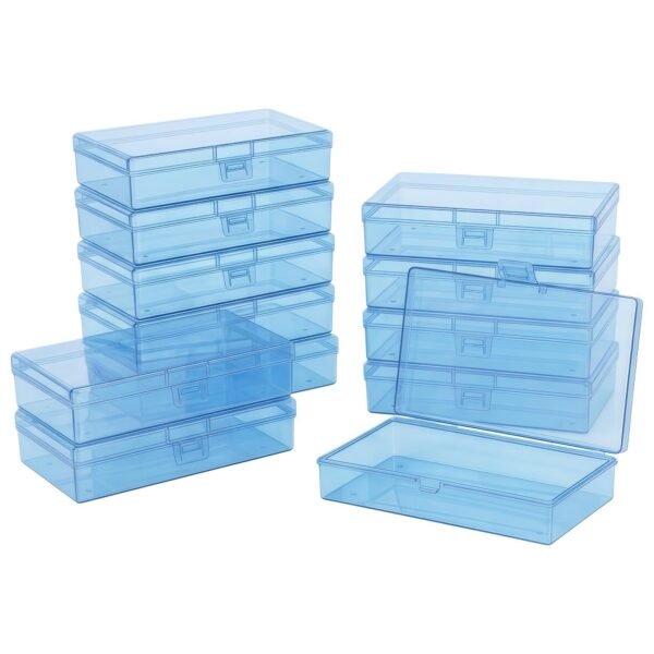 LJY 12 Pieces Rectangular Empty Mini Clear Plastic Organizer Storage Box Containers with Hinged Lids (5.3 x 3.1 x 1.2 inch, Blue)