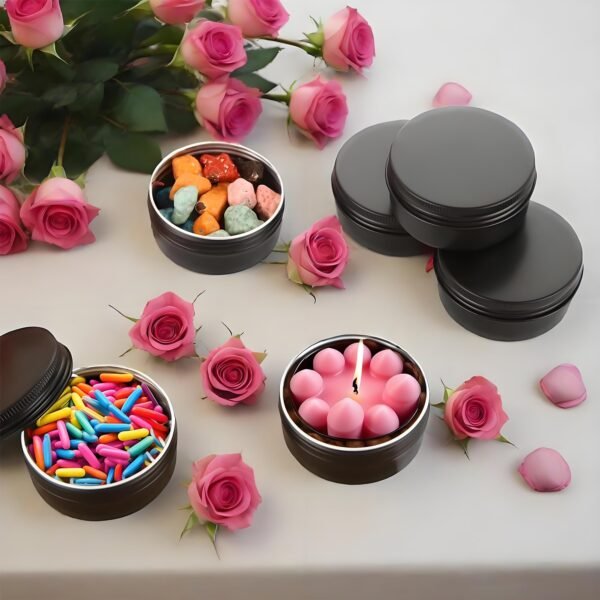 LJY Aluminum Tin Jar Refillable Containers Round Tin Container Bottle for DIY Projects,Gifts,Cosmetic,Cream,Diamond Balm Candle Salve Lip Balm Tins(Black, 48 Pcs 2oz/1oz/0.5oz)
