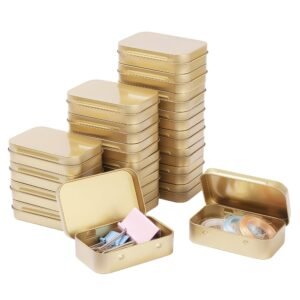 LJY 20-Piece Metal Hinge Tin Box Containers - For Gift Wrapping. Dental Floss Stick - Toothpick Holder and a Sliding-Cover Dental Floss Pick Storage Box (Golden, 20 Pcs 3.7"x2.4"x0.9")