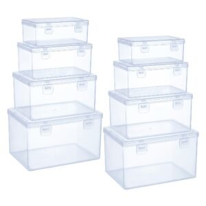 LJY 8-Piece Large Storage Container Set, Clear Plastic Organizer Boxes with Hinged Lids, 4 Assorted Sizes for Crafts, Hardware, Nail Art Accessories, and Beads, Stackable Nesting Bins