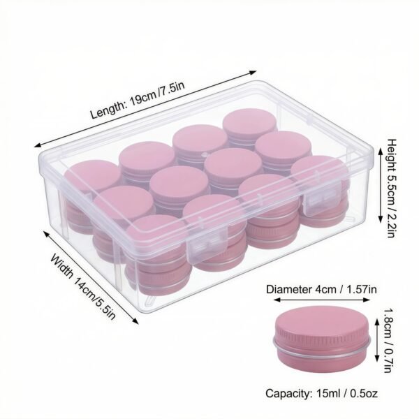 LJY 24-Pack 0.5oz Aluminum Tins with Screw Lids in Clear Storage Case, 15ml Round Empty Metal Containers for Lip Balm,Salves,Spices,Crafts, Small Cosmetic Sample Jars,Mini Candle Tins (Pink)