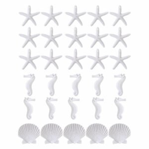 LJY 30 Pieces White Resin Pencil Finger Starfish Seahorse & Seashells Set with Drilled Holes for Wedding Home Decor and Craft Project