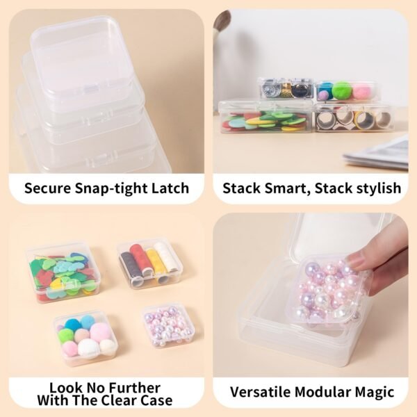 LJY 32 Pieces Mixed Sizes Square Empty Mini Clear Plastic Storage Containers Box Case with Lids for Small Items and Other Craft Projects