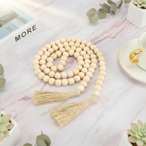 LJY Wood Bead Garland with Jute Tassels, 59” for Home Curtain Wall Hanging Rustic Country, Natural Cute Farmhouse Bead Boho Garland Christmas Wreath(4, 2 Long and 2 Short) (4, 2 Sizes)