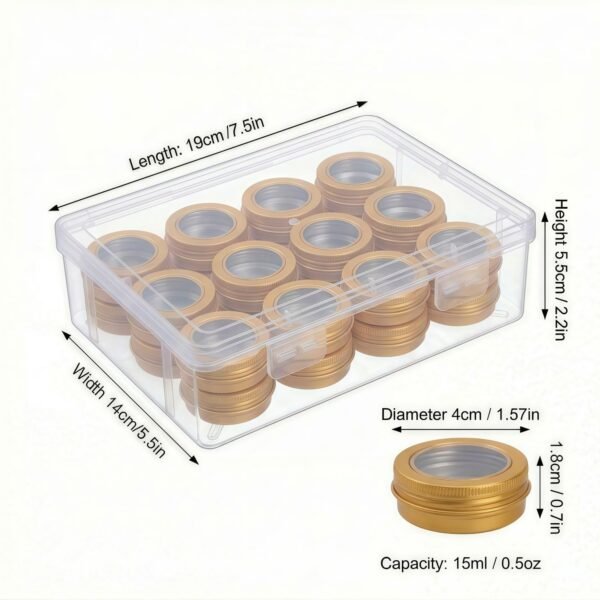 LJY 24-Pack 0.5oz Aluminum Tins with Screw Lids in Clear Storage Case, 15ml Round Empty Metal Containers for Lip Balm,Salves,Spices,Crafts, Small Cosmetic Sample Jars,Mini Candle Tins (Gold Clear Lid)