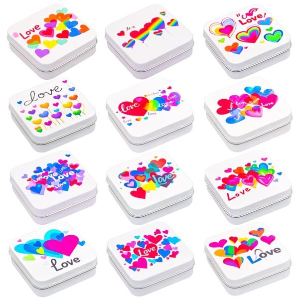 LJY 12 Pack Love Heart Image Pattern Empty Square Metal Storage Organizer Tins Mini Gift Boxes with Hinged Lids, 2.76 x 2.76 x 0.79 inch