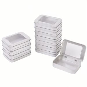 LJY 12 Pack Empty Rectangular Metal Storage Organizer Tins with Clear Window Hinged Lids for Candies, Gifts & Treasures (Silver)