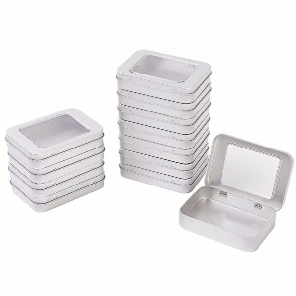 LJY 12 Pack Empty Rectangular Metal Storage Organizer Tins with Clear Window Hinged Lids for Candies, Gifts & Treasures (Silver)