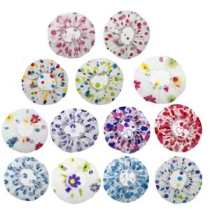 LJY 13 Pack Disposable Shower Caps for Women, Plastic Shower Cap with Assorted Patterns, Waterproof Hair Cap for Shower Travel and Color Processing, Gorro de Baño