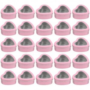 LJY 25 Pack Heart Shaped Tins with Clear Window Lids, 2.5 oz Empty Candle Tins 2.3x2.4x1.1 Inches, Salve Tin with Lids for Lip Balm - Pink Hearts Shaped Gift Boxes