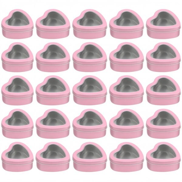 LJY 25 Pack Heart Shaped Tins with Clear Window Lids, 2.5 oz Empty Candle Tins 2.3x2.4x1.1 Inches, Salve Tin with Lids for Lip Balm - Pink Hearts Shaped Gift Boxes