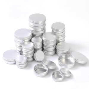 LJY 36 Pieces Round Aluminum Cans Screw Lid Metal Tins Jars Empty Slip Slide Containers, Balm Candle Salve Lip Balm Tins,4oz 2oz & 1oz Mixed Sizes