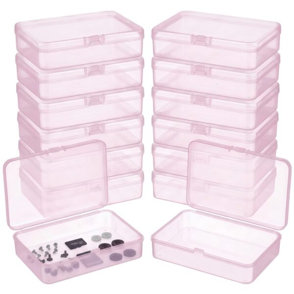 LJY 12 Pieces Rectangular Empty Mini Plastic Organizer Storage Box Containers with Hinged Lids (4.5 x 3.3 x 1.1 inch, Pink)
