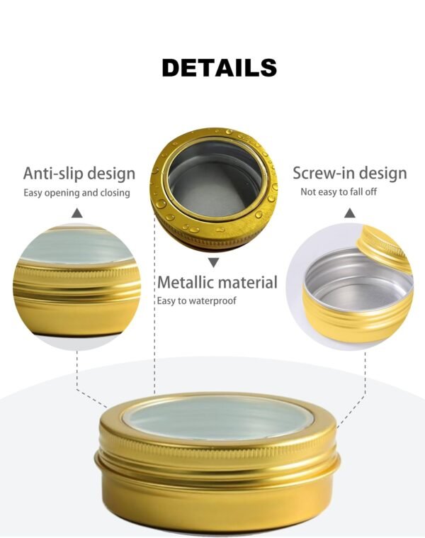 LJY 28 Pack 1 oz Aluminum Tins with Gold Clear Lids - See-Through Luxury Empty Containers for Wax Melts, Cosmetics, DIY Crafts & Display Storage,Refillable Does Not Rust