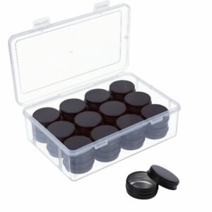 LJY 24-Pack 0.5oz Aluminum Tins with Screw Lids in Clear Storage Case, 15ml Round Empty Metal Containers for Lip Balm,Salves,Spices,Crafts, Small Cosmetic Sample Jars,Mini Candle Tins (Black)
