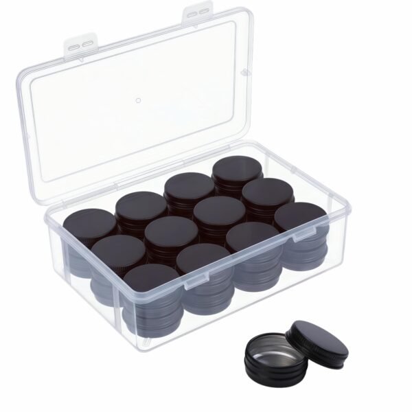 LJY 24-Pack 0.5oz Aluminum Tins with Screw Lids in Clear Storage Case, 15ml Round Empty Metal Containers for Lip Balm,Salves,Spices,Crafts, Small Cosmetic Sample Jars,Mini Candle Tins (Black)
